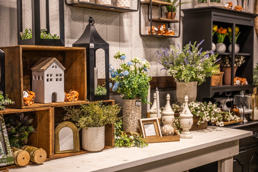 Vases and faux floral displays at Ohio's Market Berlin in Holmes County