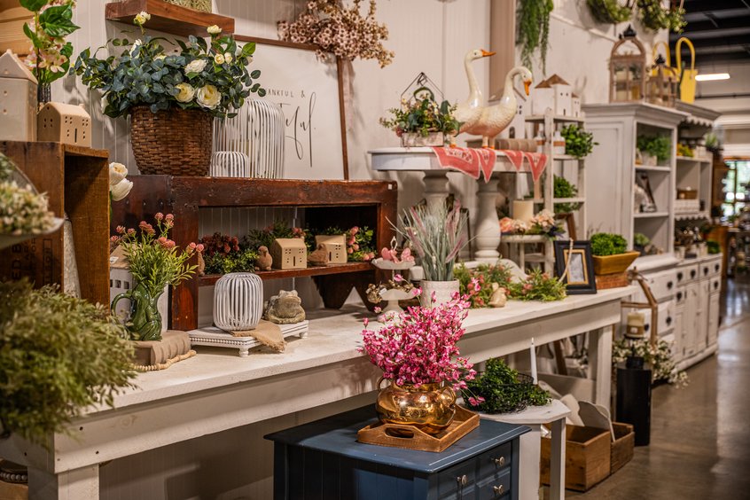 Vases and faux floral displays at Ohio's Market Berlin in Holmes County