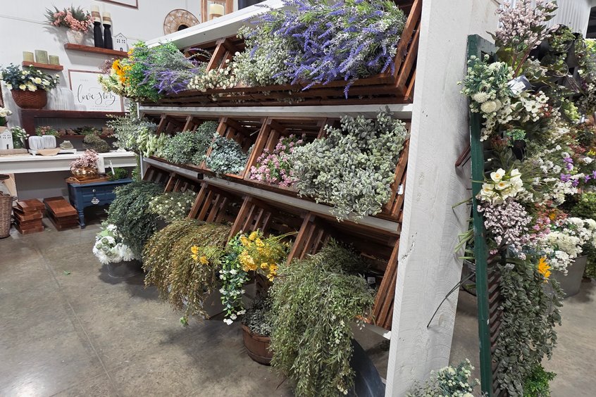 Vases and faux floral displays at Ohio's Market Berlin in Holmes County