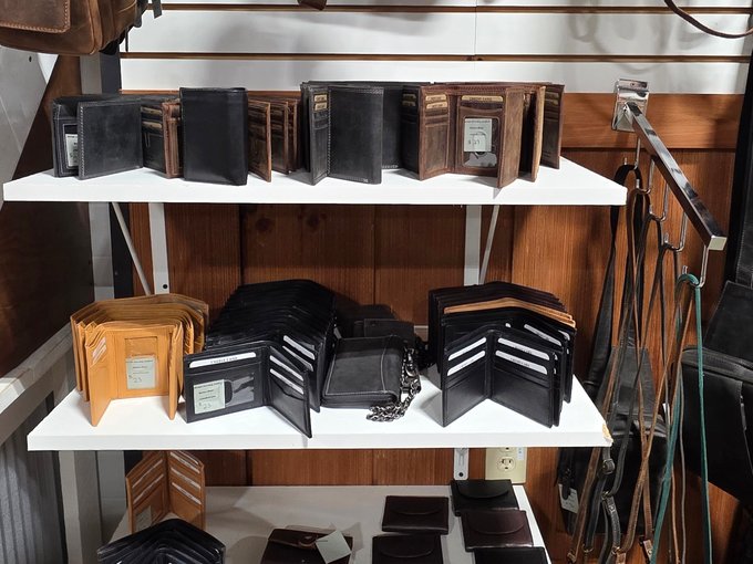 Rotating selection of leather goods and accessories at Ohio's Market Berlin in Amish Country